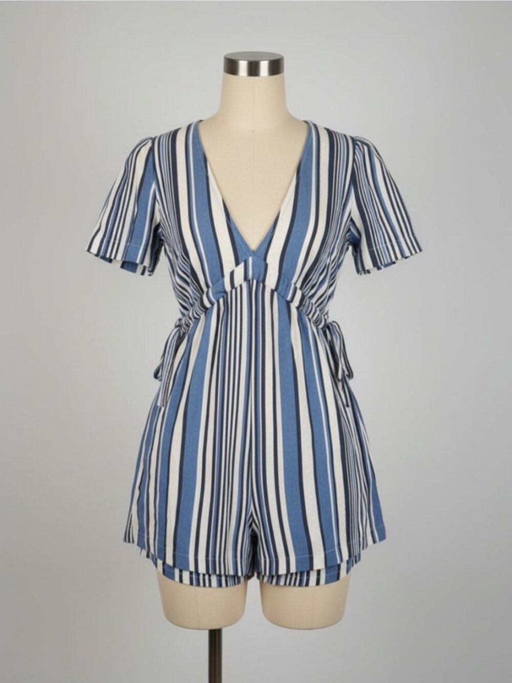 Zara TRF Striped Wrap Romper - Blue & White - Size S